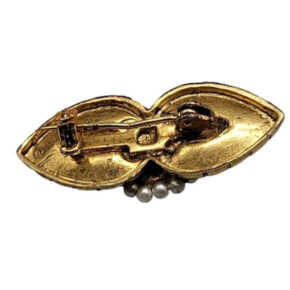 Faux Cameo Brooch Gold Tone Bow Faux Pearls Small Pink & White Lady Pin Vintage - Picture 7 of 8